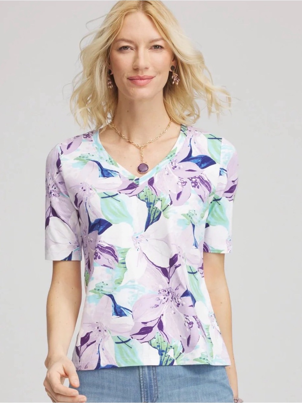 NWT Chico’s Lily Print V Neck Perfect Tee Elbow Sleeve Top in Lavender